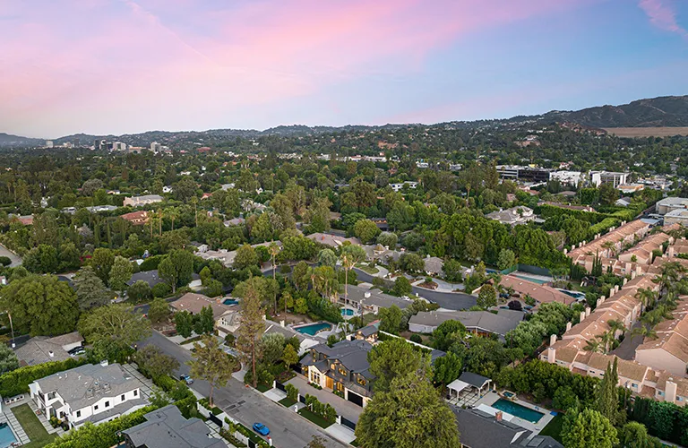 aerial view of suburban roofs