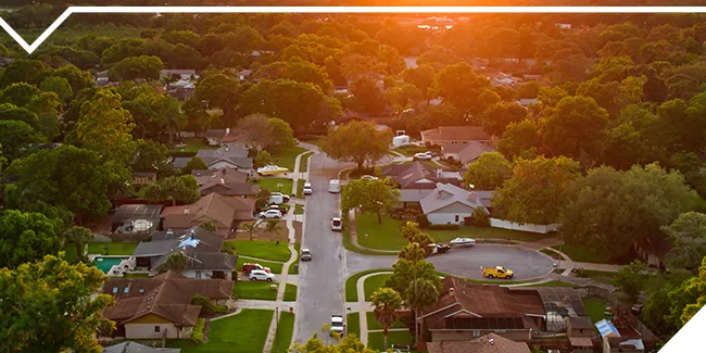 Aerial view of Orlando suburb at sunset